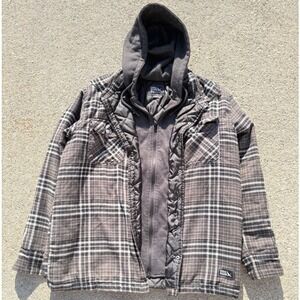 Eddie Bauer Mens Hooded Flannel Shirt Jacket Plaid Quilted Lined Grey Black L